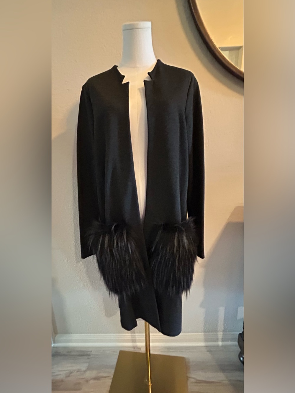 Joseph Ribkoff Black Open Front Coatigan with Faux Fur Pocket covers